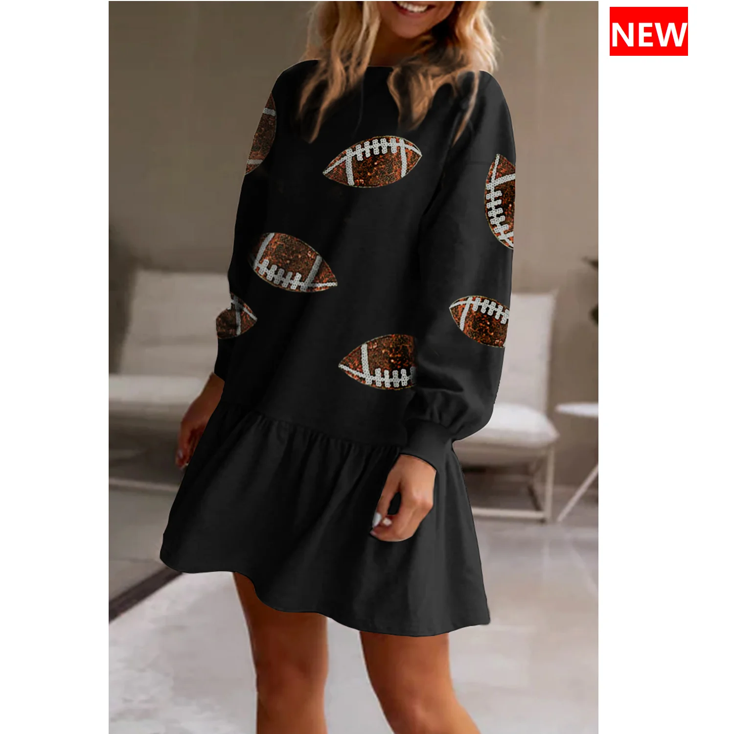 2024 Fall  women clothing wholesale Black Game Day Sequin Rugby Pattern Ruffled Short Dress