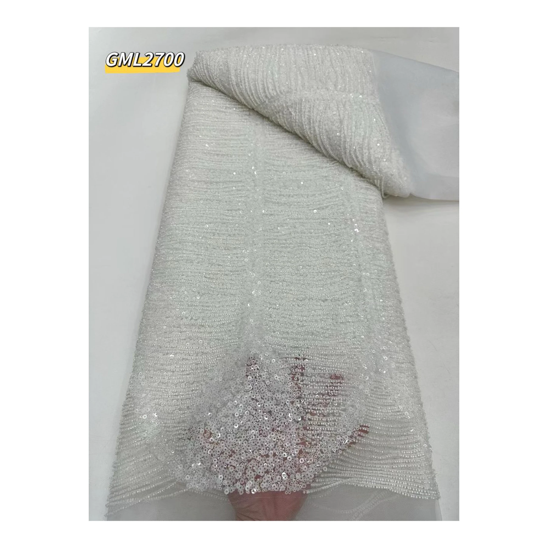 2024 high density French pure white handmade beaded fabric wedding tulle Beads With sequins pearl lace bridal lace fabric party