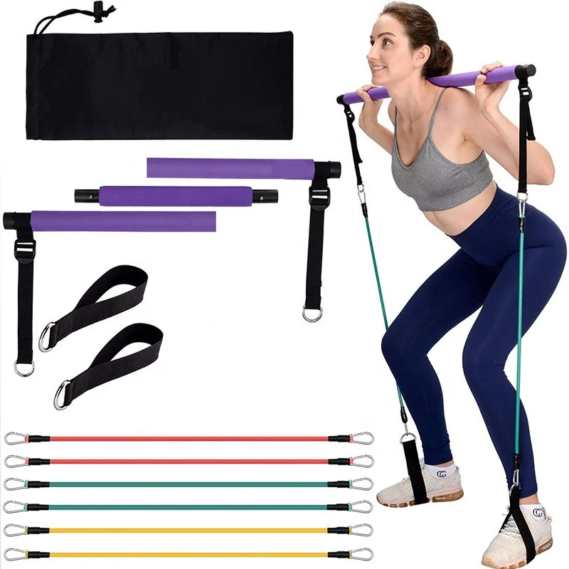 Portable Adjustable 3 Section Stretched Fusion Reformer Pilates Bar Kit With Resistance Bands For Home Workout Fitness Exercises