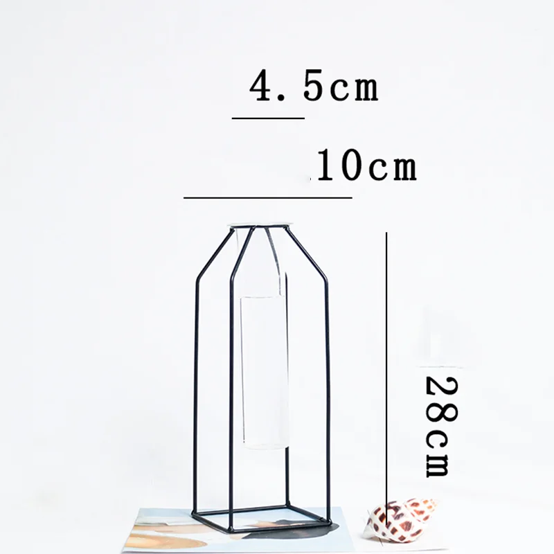 Nordic Style Geometric Design Iron Art Vase Featuring a Unique Glass Tube-for Your Home Decor