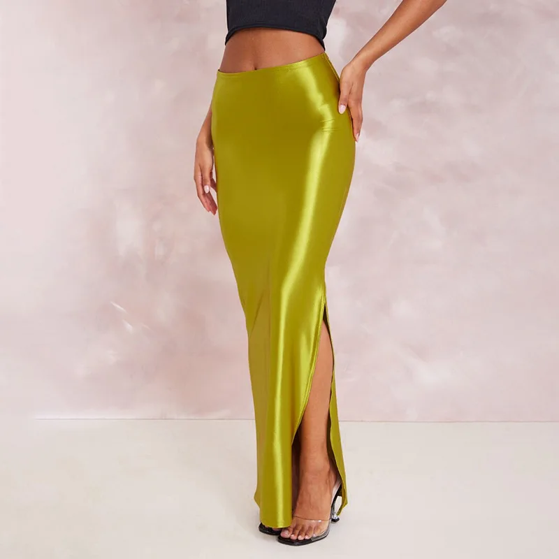Spot New Products Elegant Casual Satin Maxi Ankle Length Women Slit Skirt