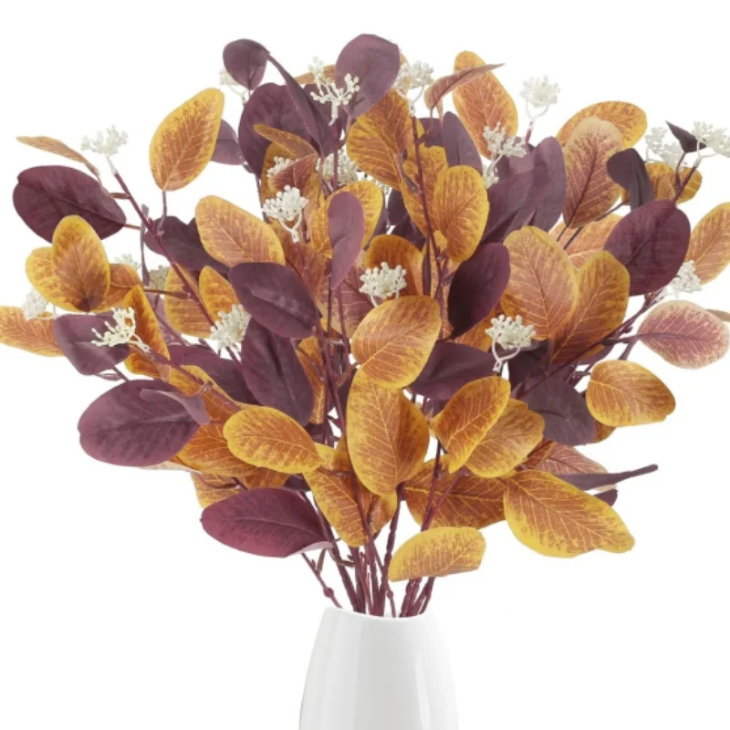 Artificial Eucalyptus Leaves Orange Red Fall Foliage Stems Silk Silver Dollar Autumn Plant for Home Fireplace Wedding Farmhouse