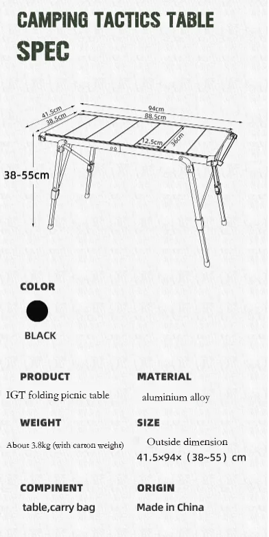 Outdoor Adjustable Aluminum Table Portable Camping Egg Roll Picnic Barbecue Kitchen IGT Mobile Foldable Kitchen Table