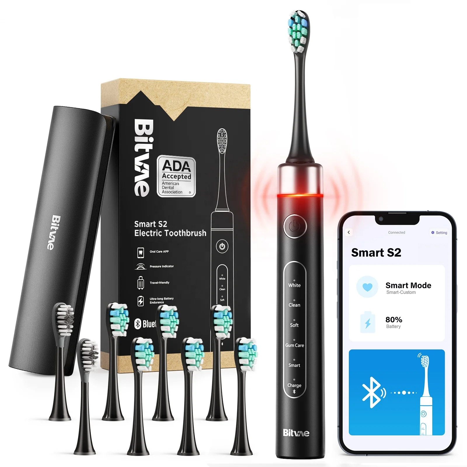 Bitvae BV S2 ADA Accepted Clean 8 Heads Smart APP Electric Toothbrush with 9 Intensity Levels