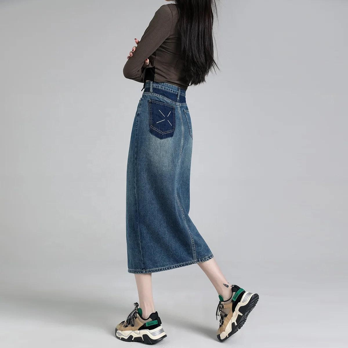 Super soft yarn denim casual split color pocket design sense ins loose all matching high Fanny pack hip skirt