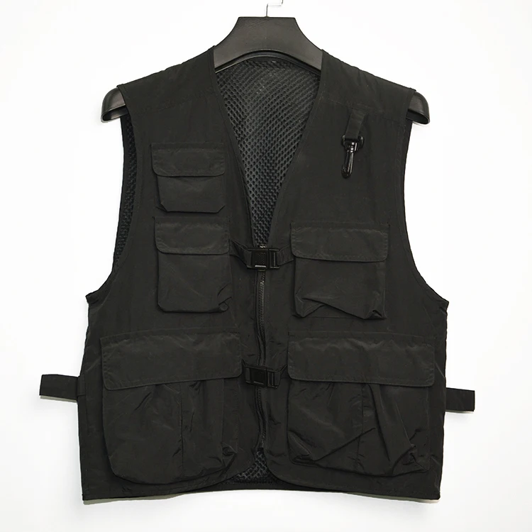 Модный черный сетчатый дышащий открытый жилет с v-образным вырезом, куртка с большим карманом без рукавов на заказ, мужской жилет