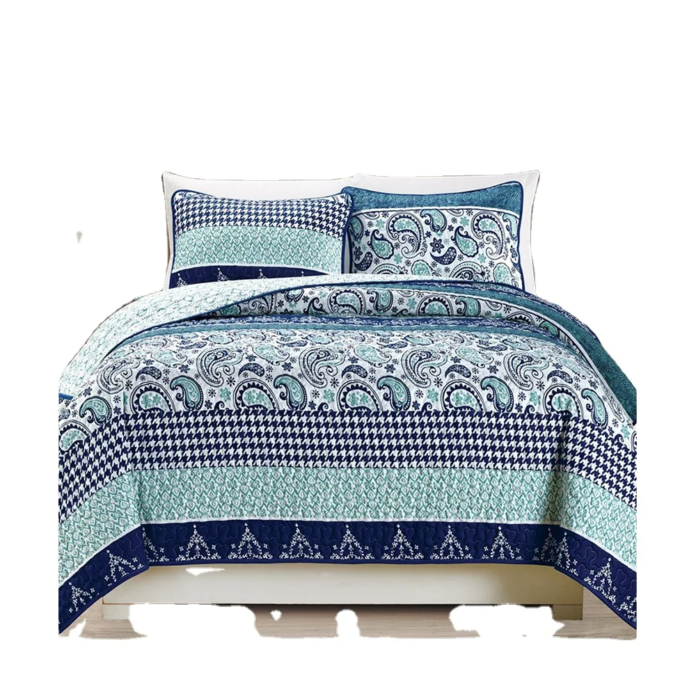 Оптовая продажа Реверсивный стеганый комплект постельного белья покрывало на голову, комплект из 3 предметов с принтом из микрофибры одеяло