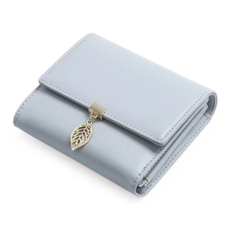 RFID anti-theft brush mini three fold credit card clip PU leather Leaf Pendant zero wallet
