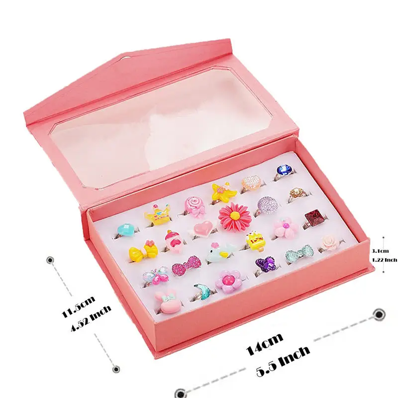 2022 Hot Sales Kid Dress Up Rings, Pretend Play Toy Lovely Adjustable Little Girl Jewel Rings Box Set