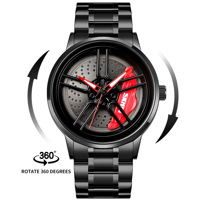 reloj Custom Logo Skmei 1990 Fashion Sports Waterproof Men Wrist Watch Luxury Quartz Watch Spinning Wheel Rotating Rim Car Watch