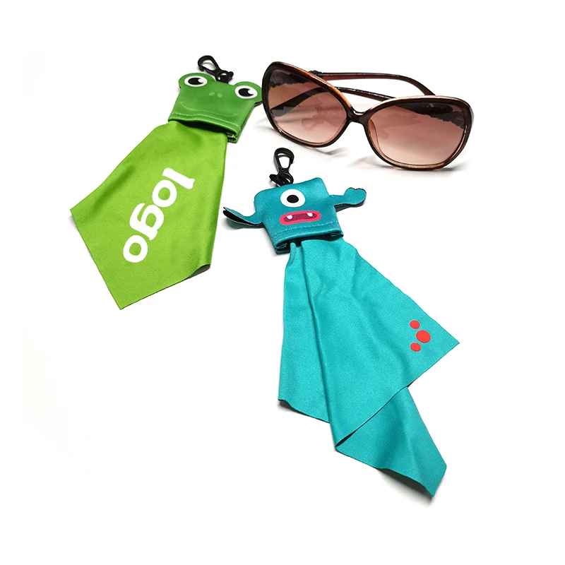 Cartoon shape Logo printed microfiber lens cleaning cloth keychain pouch for glasses camera and screen