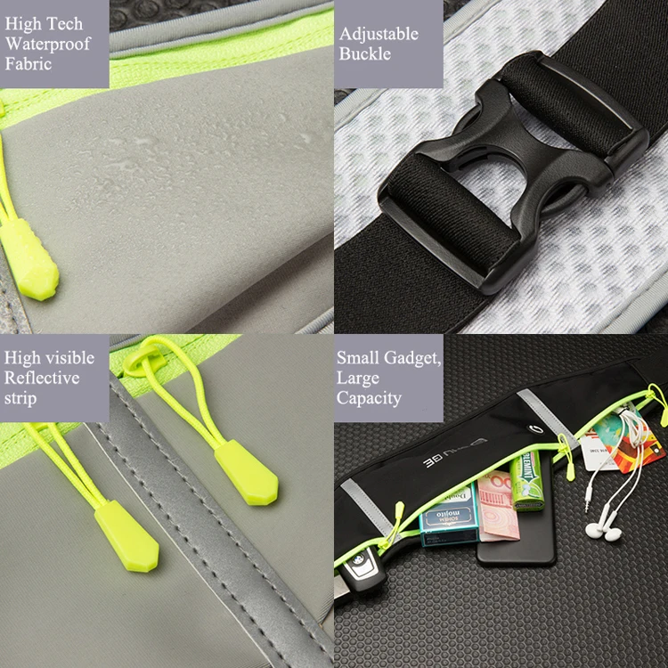 Nylon fabric waterproof Multi Pocket running waist bag sports fitness bag with headphone hole for wired headphones