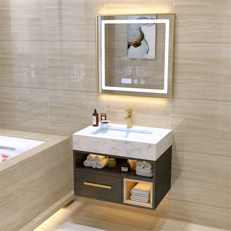 High quality MDF/ PVC/ Plywood vanities floor storage bathroom cabinet furniture with led mirror