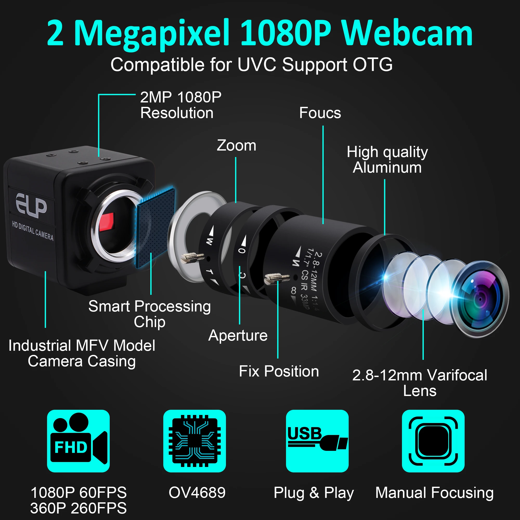Высокоскоростная USB-камера ELP 2MP OV4689 260FPS 640*480 120FPS 1280*720 60FPS с объективом ручным зумом 2 8-12 мм CMOS USB