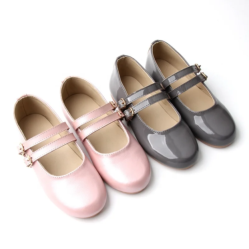 Babyhappy Factory Price Grey Hard Outole Round Toe Smooth Mirror Leather Girl Flat Princess Mary Jane Shoes