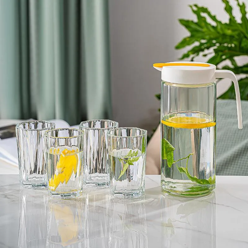 32oz 1Liter Round Glass Water Juice Jug With 4pcs Glass Cup Glass Drinking Set For Coffee Juice