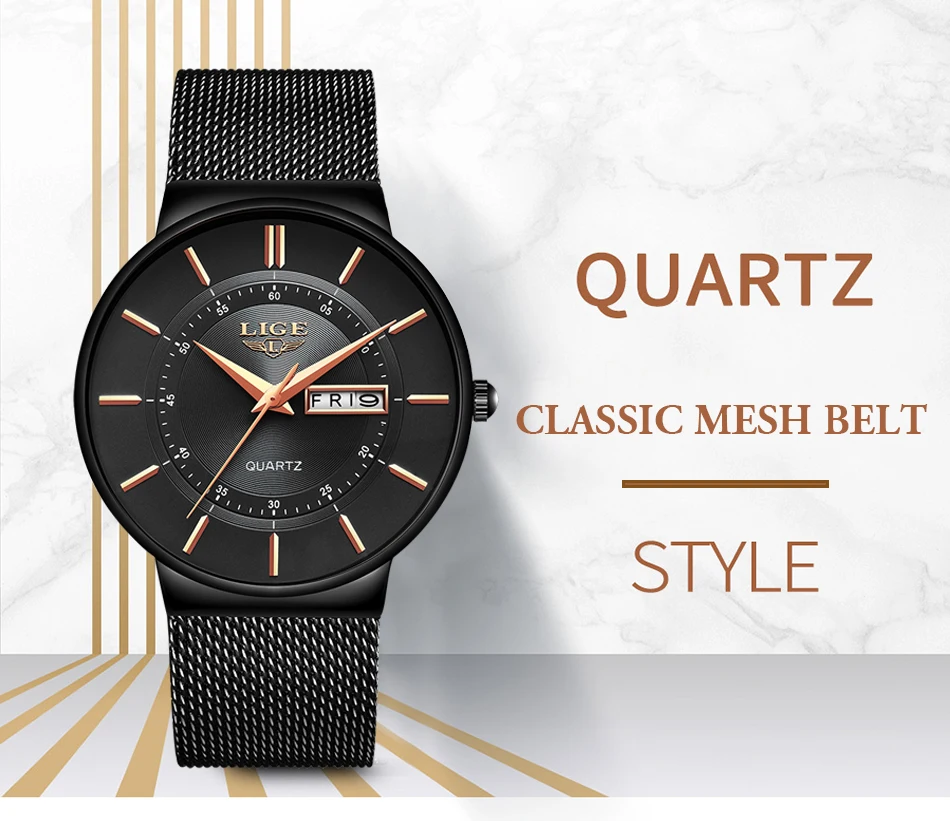 Lige 9949 Casual Mens Quartz Wristwatch Reloj Stainless Steel Calendar Luxury Men Watches Waterproof