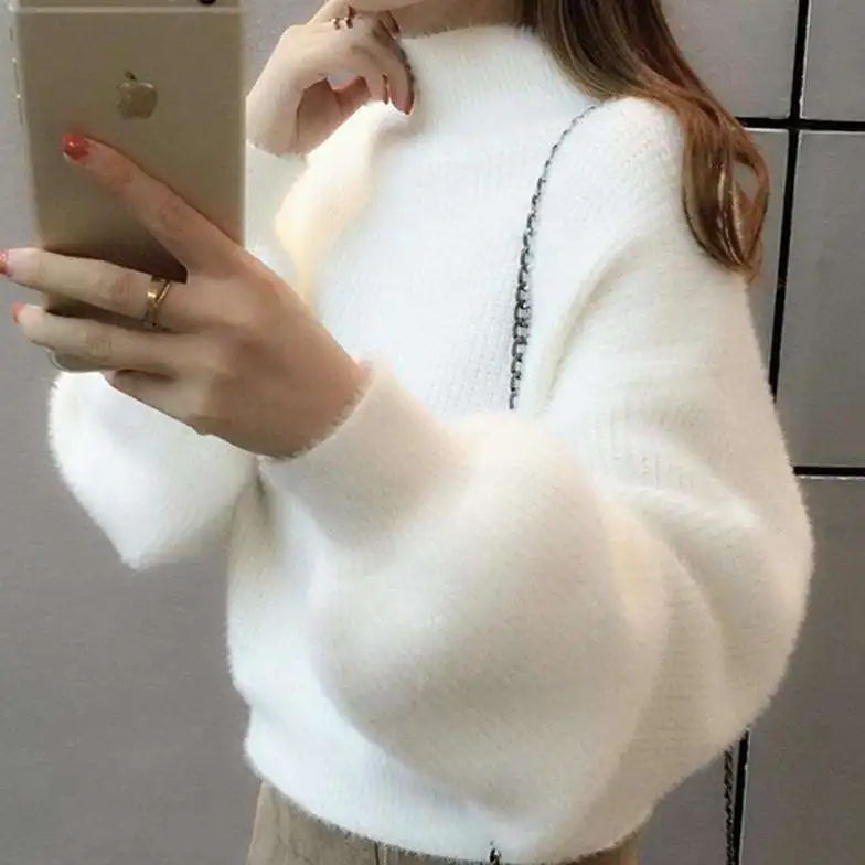 Wholesale New Arrival Fashion women middle high neck batwing sleeve super soft mohair pullover sweater