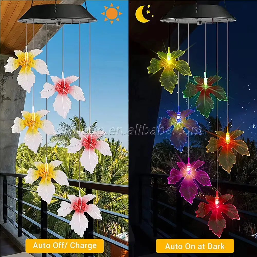 LED Mobile Solar Wind Chimes Color-Changing Maple Leaf Design Made of Durable Plastic