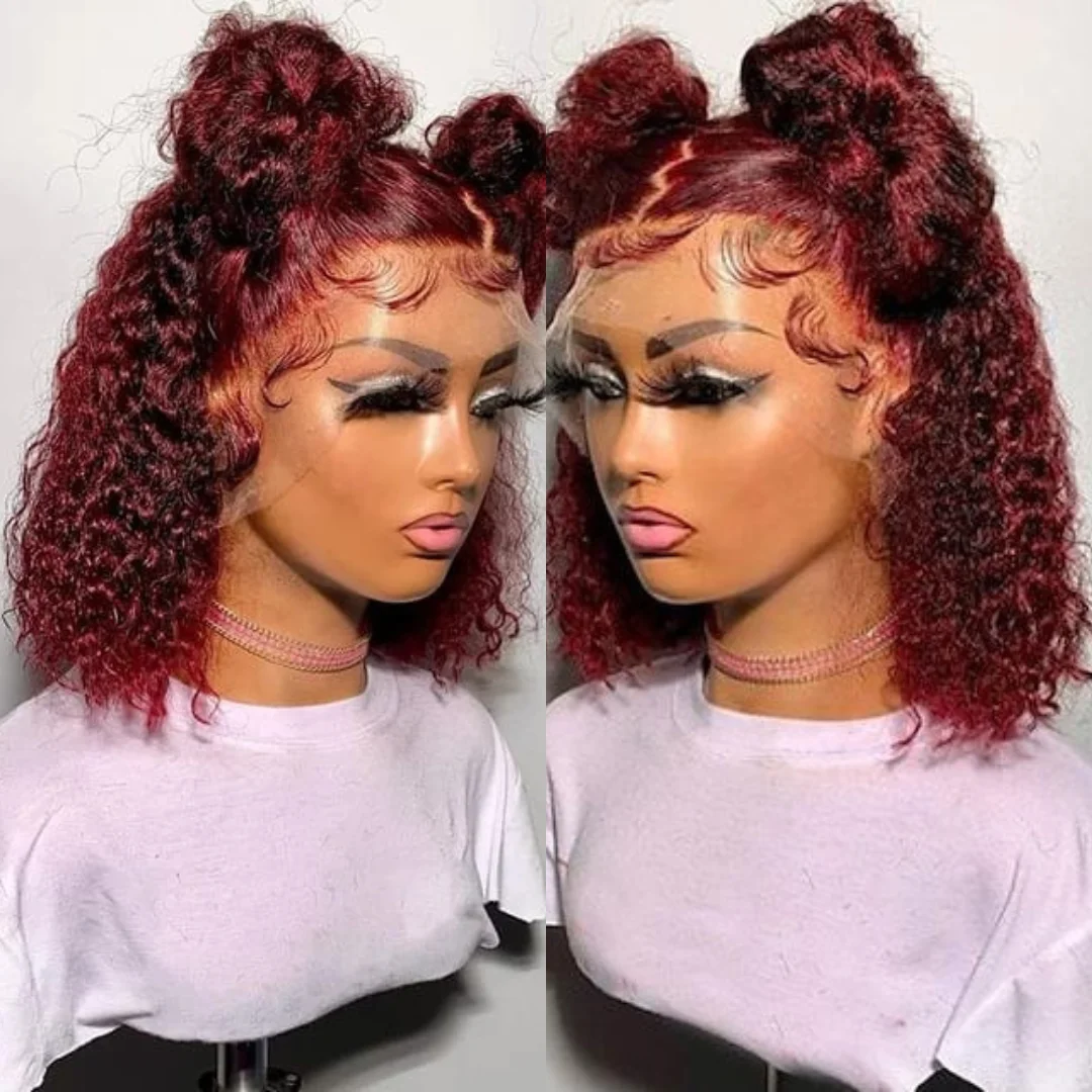 Pre Pluck Blenched Knots Transparent Swiss Lace Frontal Wig,12 Inches 99J Red Colored Jerry Curly Human Wig Supplier