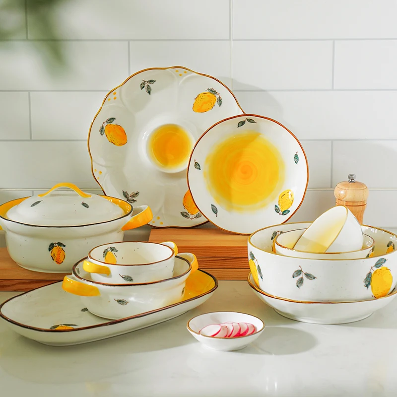 Kitchen Lemon Dumpling Plate Snack Porcelain Colorful Tableware Soup Bowl Charger Dinner Set For Party Ceramic Dish Plates 3202