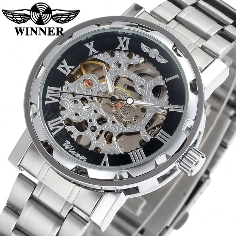 WINNER 8008 classic silver male mechanical watch low cost Stainless steel band water resist auto transparent moq 1 watch kit