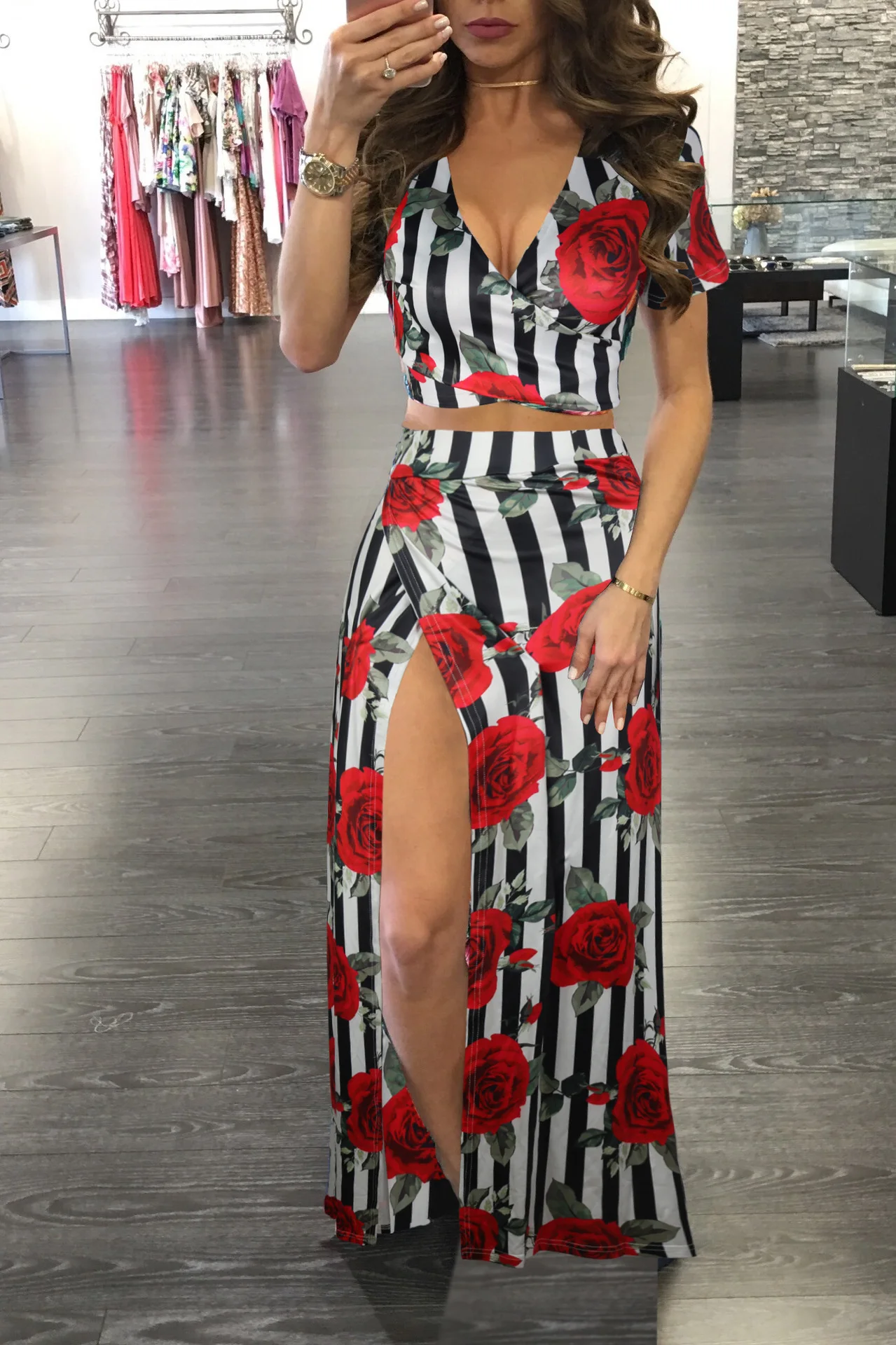sexy deep V split print dress classic Digital Printed Blouse and Skirts for Ladies Sexy Two Piece Outfit Suit