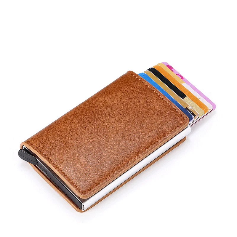 Customization Trading Aluminum Pop Up Pu Leather Card Holder Binder Metal Business Card Holder Wallet With Metal Box