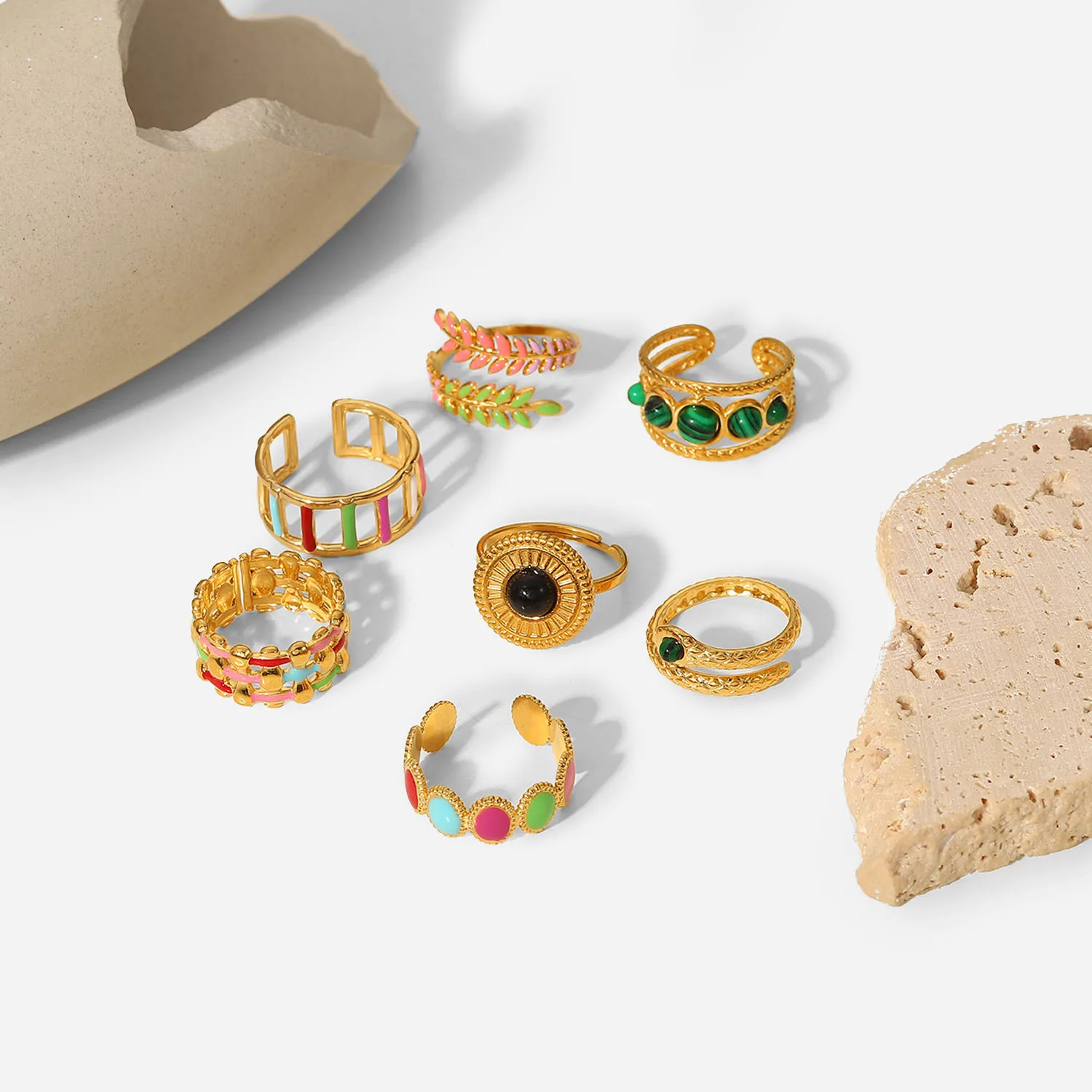 Enamel Oil Drop Ring 18K Gold Plated Stainless Steel Open Ring Popular Custom Jewelry Colored Enamel Natural Stone Open Rings