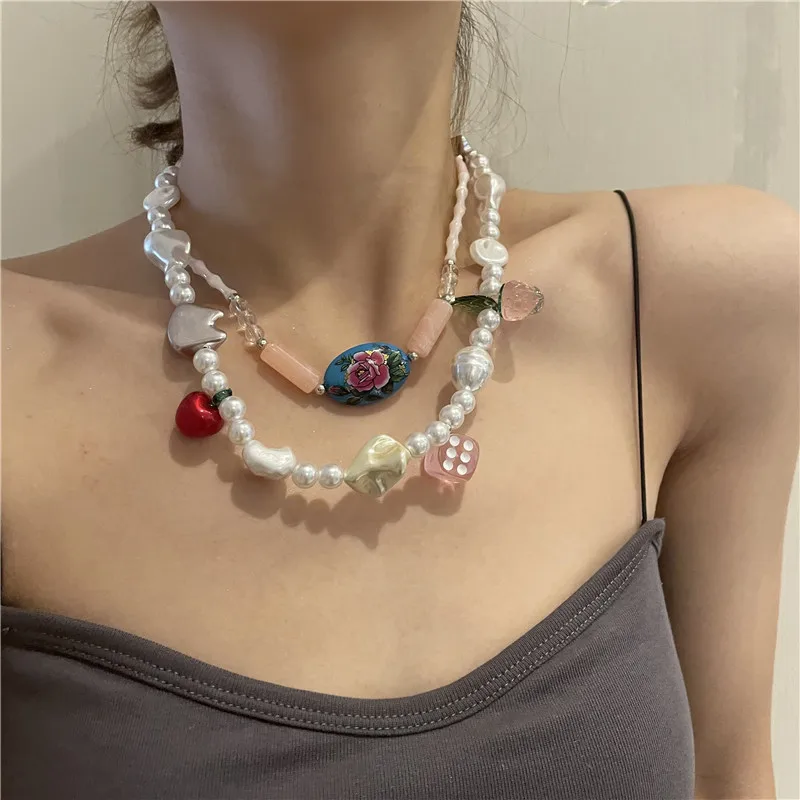Bohemian Y2K Designer Resin Acrylic Fruit Pendant Irregular Pearl Crystal Bead Chain Clavicle Necklace Jewelry for Women