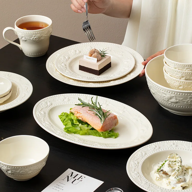 Embossed Cream Style Ceramic Dishware Set High-Grade Good-Looking Tableware Home Restaurant Elegant Weddings Housewarmings