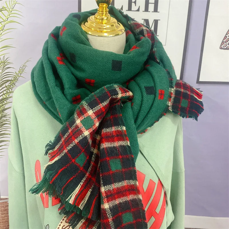 Fashion Print Double-sided Tassel Shawl Scarf Christmas Women Winter Warm Gifts Long Plaid Neck Scarf