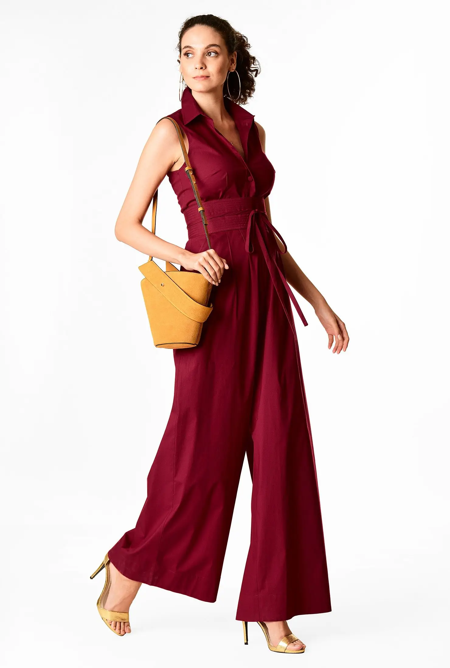 Office Ladies Design Solid Cotton Poplin Sleeveless Obi Belt Wide-legs bodycon Shirt Jumpsuit