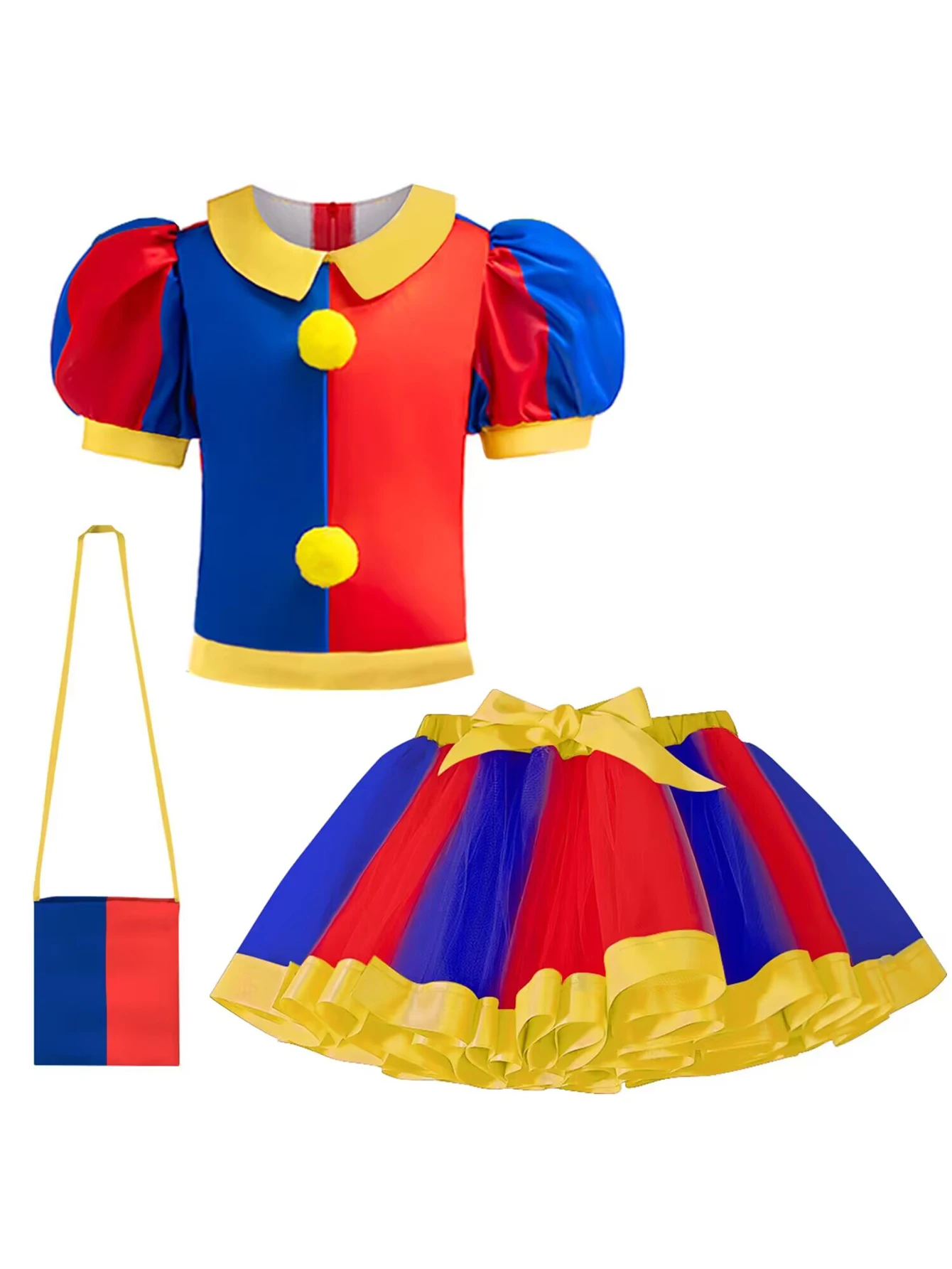 Summer Toddler Girls Clown Costumes Set Kids Cosplay Halloween Christmas Birthday Party T-shirt+Tutu Skirt+Bag+Wig+Nose Outfits