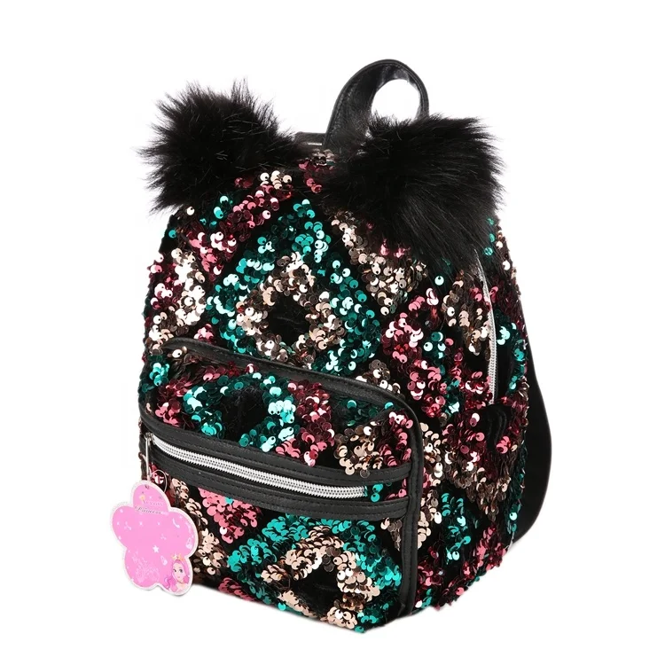 Cheap Custom Sequin Backpack Cute Plush Ear Geometric Pattern Red Green Sequins Backpacks Ladies Travelling Bags