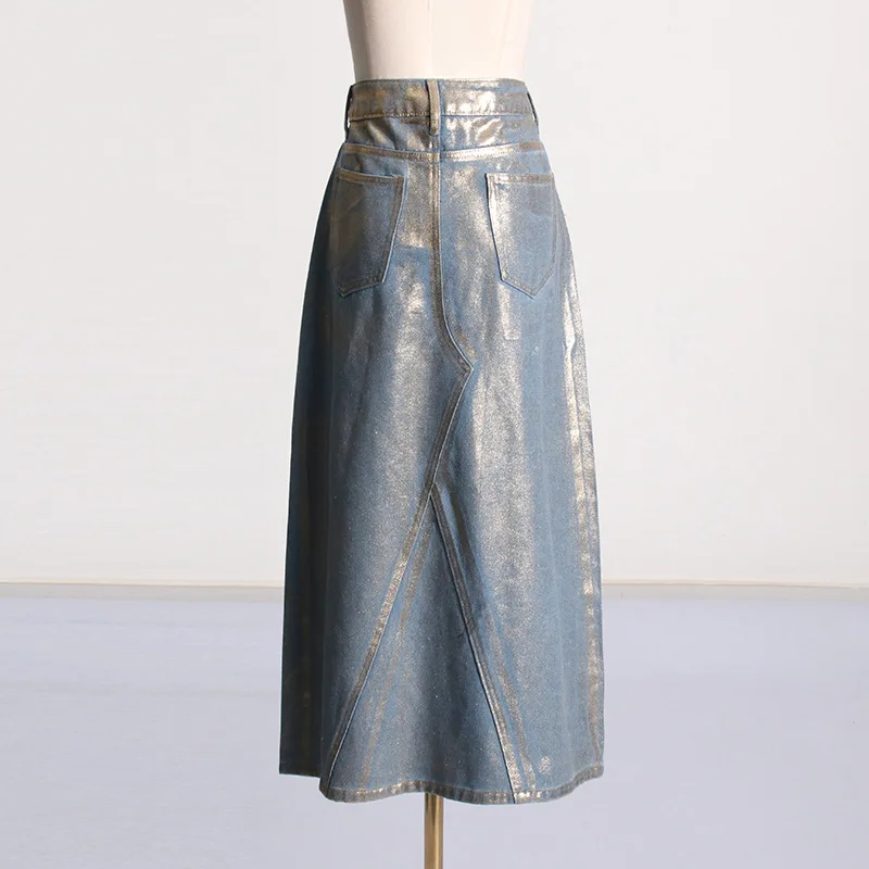 High street casual gold stamping denim skirt long jeans skirts for women