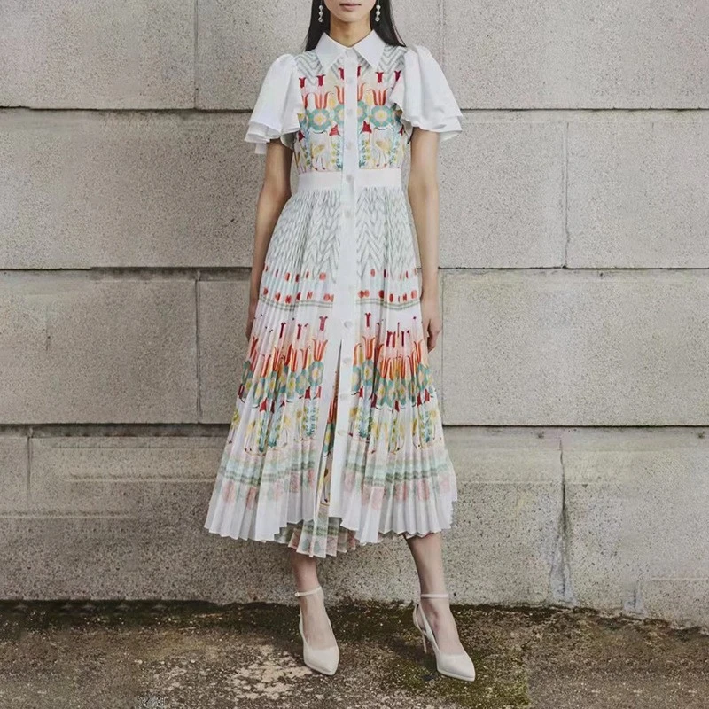 Literary Style Fashion Catwalk Dress  Summer New Flying Sleeves Stitching Pleated Printed Casual Dress