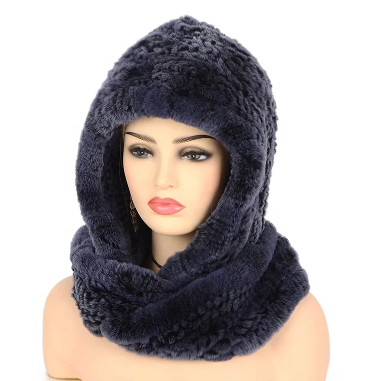 Оптовая продажа, вязаная шапка из натурального меха кролика Рекс и шарф с капюшоном, зимняя женская меховая шапка с шарфом на шею