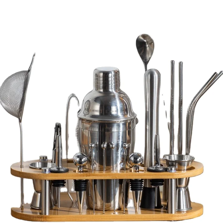 Professional Barware Tools Wooden Stand Stainless Steel Bartender Kit Bar Accessories Jigger Cocktail Shaker Set