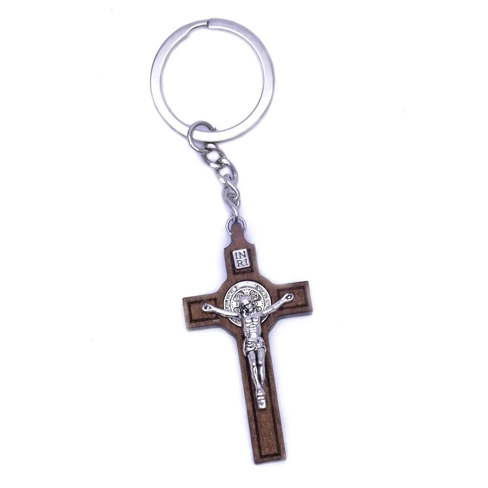 Custom St. Benedict wooden key chain pendant Metal Religious Jesus Keychain With Cross