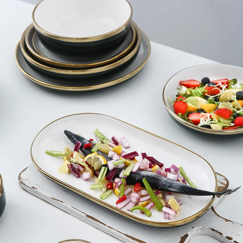 Luxury Gold Rim White Porcelain Ceramic Kitchen Utensil Plate Dish Bowl Dinner Dinnerware Set