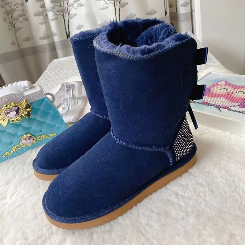 2024 Famous Wholesale Fashion Ladies Sheepskin Women Winter Snow Ribbon Fur Boots with Bows