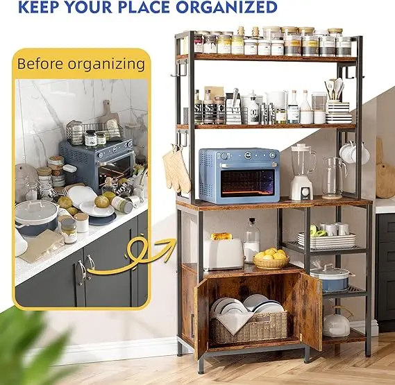 DX Bakers Rack 6 Tier Coffee Bar with Cabinet and 8 Side Hooks, Bakers Racks for Kitchens with Storage, Large Capacity Microwave