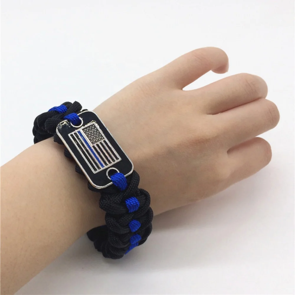 New design thin blue line survival paracord bracelet flag charm bracelet with adjustable buckle