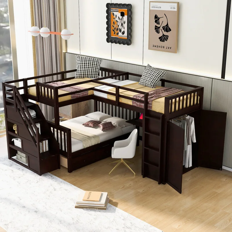 Multifunctional Twin-Twin over Full L-Shaped Bunk Bed with 3 Drawers, Portable Desk and Wardrobe