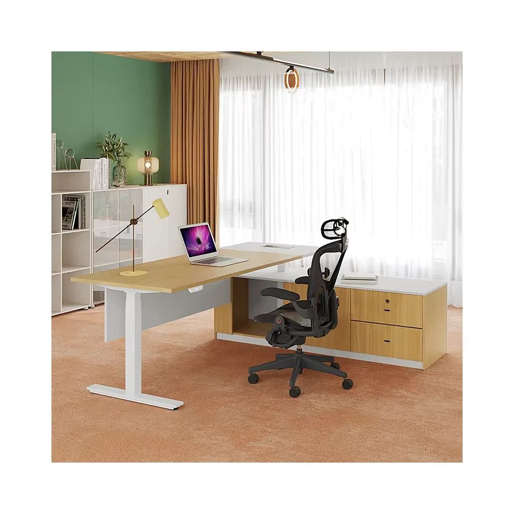 Boss ergonomic Height Adjustable Computer Stand Desk Cabinet with side Workstation Wooden Style tables