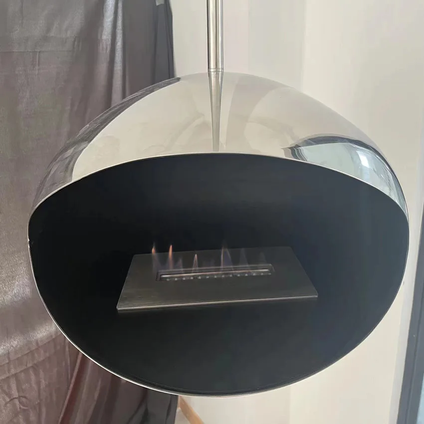 Roof mounted bio ethanol suspended fireplace cocoon matte silver frame real flame hanging fireplace