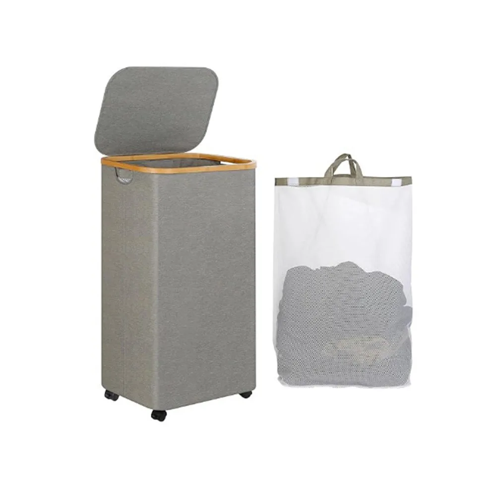 Foldable Large Tall Rolling Laundry Basket with Bamboo Handle Bedroom Dirty Clothes Basket Laundry Hamper with Wheels and Lid