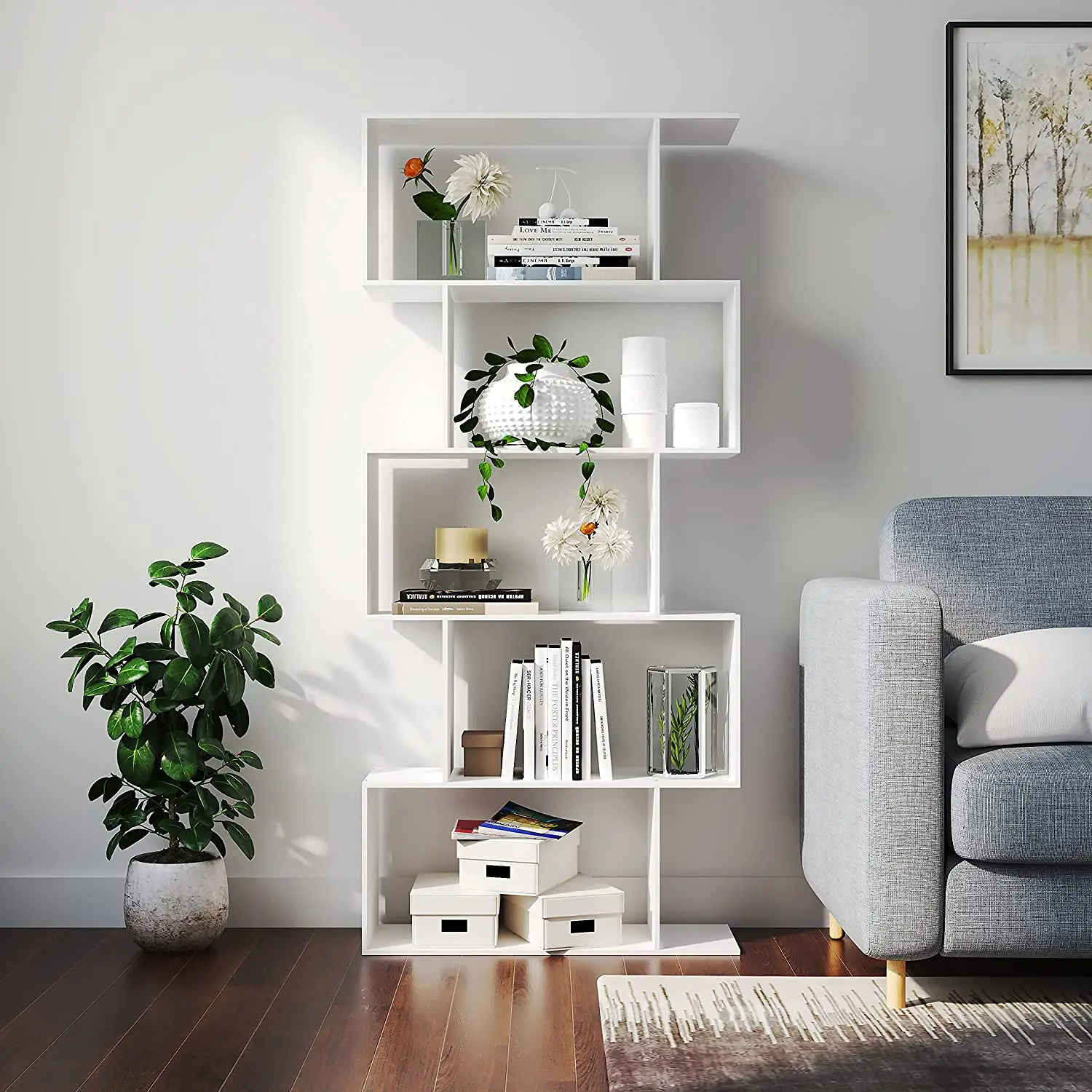 Open Book Japanese Style Bookshelf Small Cabinet 5 Tier Corner Display Storage Rack White Wood Cube Bookcase Shelf