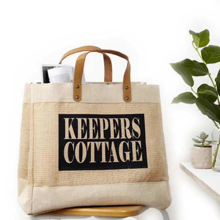 custom logo natural reusable burlap laminated shopping wholesaler jute burlap tote beach bag with leather bamboo handle